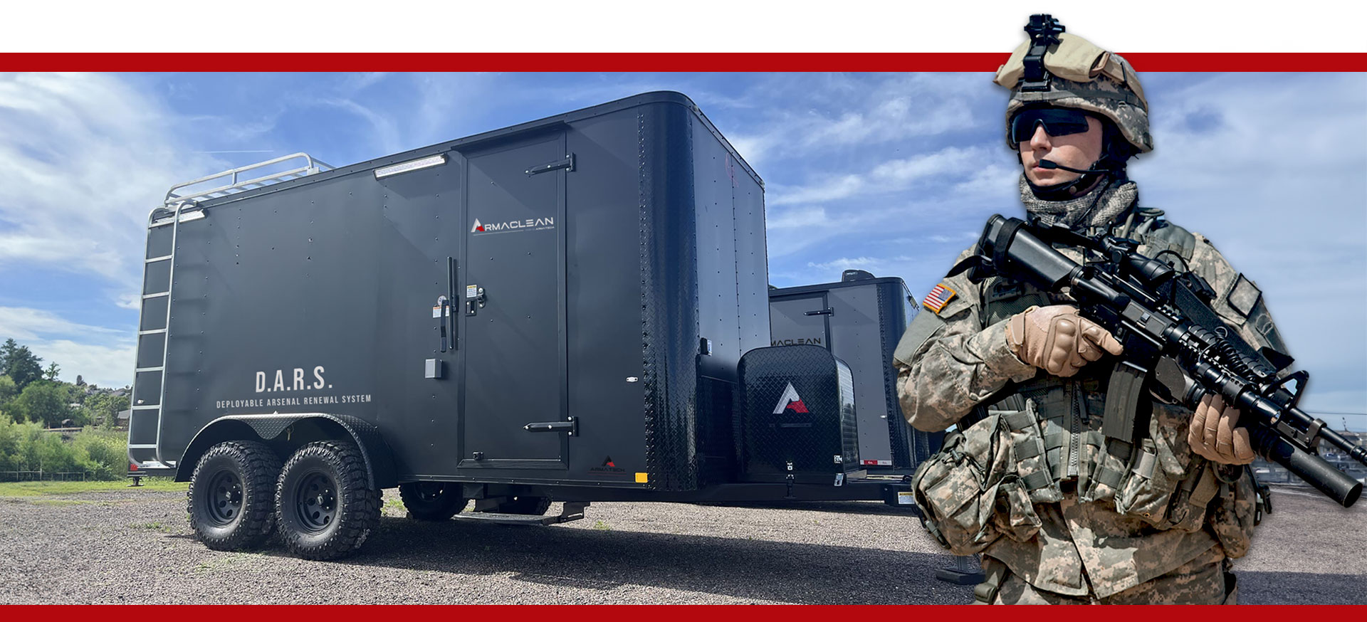 Soldier beside the D.A.R.S. — Deployable Arsenal Renewal System trailer